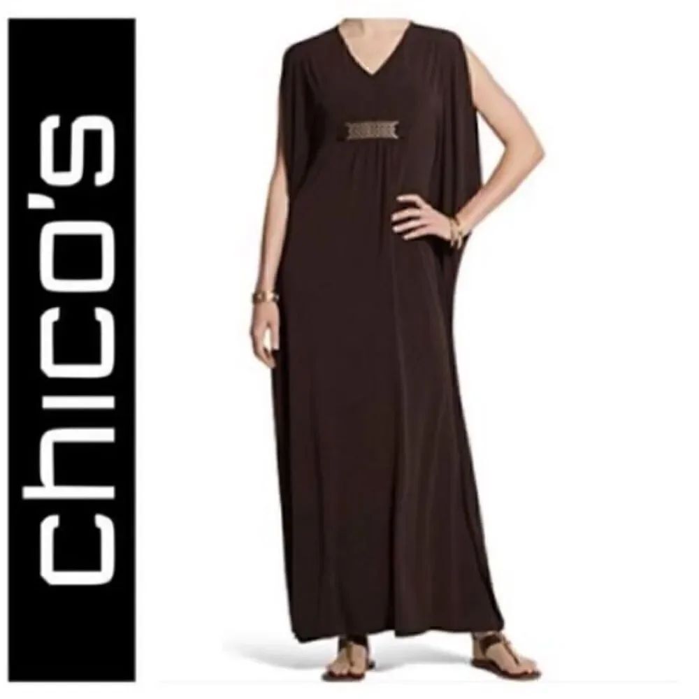 Chicos Womenโs Size 1 MediumโKnit Kit Caftan Maxi Tunic Dress BrownโEmbellished